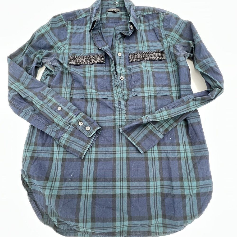 J. Crew Plaid Beaded Popover Blouse Blue Green Size 4